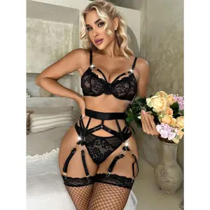 Floral Lace Underwire Garter Lingerie Set With 1pair Stocking