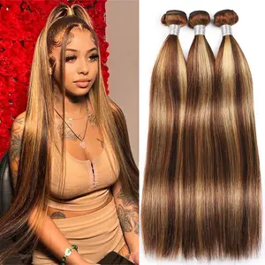 Honey Blonde Highlight Bundles Bone Straight Human Hair Bundles P4/27 Quick Weave Colored Hair 1 3 4 Bundle Ombre Brown Hair Bundles