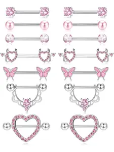7 Pairs 14g Nipple Rings Stainless Steel Cz Heart Butterfly Barbell Tongue Rings, Cute Nipple Tongue Body Piercing Jewelry for Women