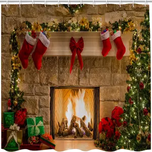 PAUSEBOLL Christmas Fireplace Shower Curtains for Bathroom, Vintage Christmas Eve Stocking Shower Curtain, Farmhouse Christmas Shower Curtain Christmas Bathroom Decor