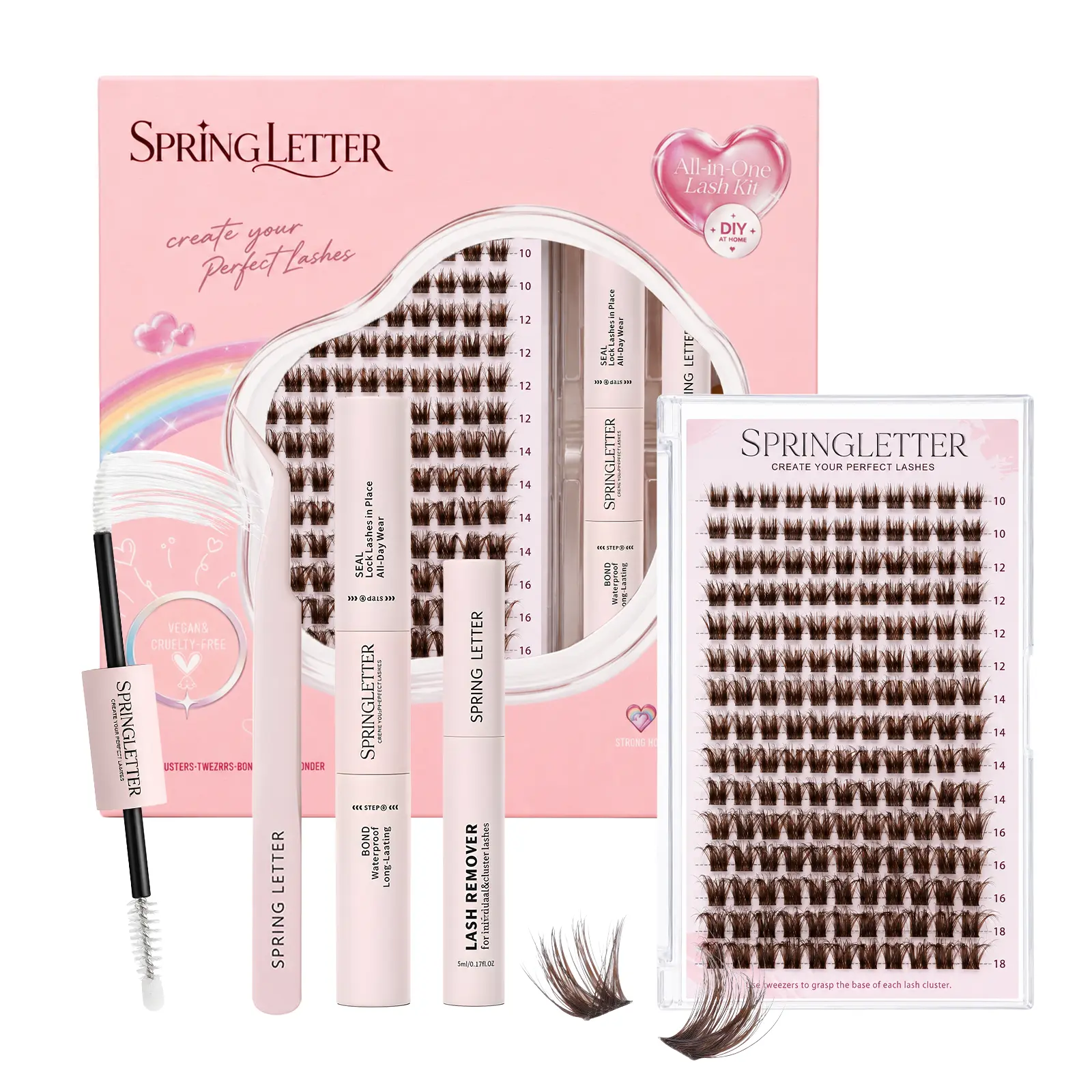DIY Eyelash Extension Set, Wispy Volume Cluster Lashes 10-18mm, Soft Fluffy Brown & Black Lashes with Bond & Seal, Remover & Tweezers for At-Home Makeup