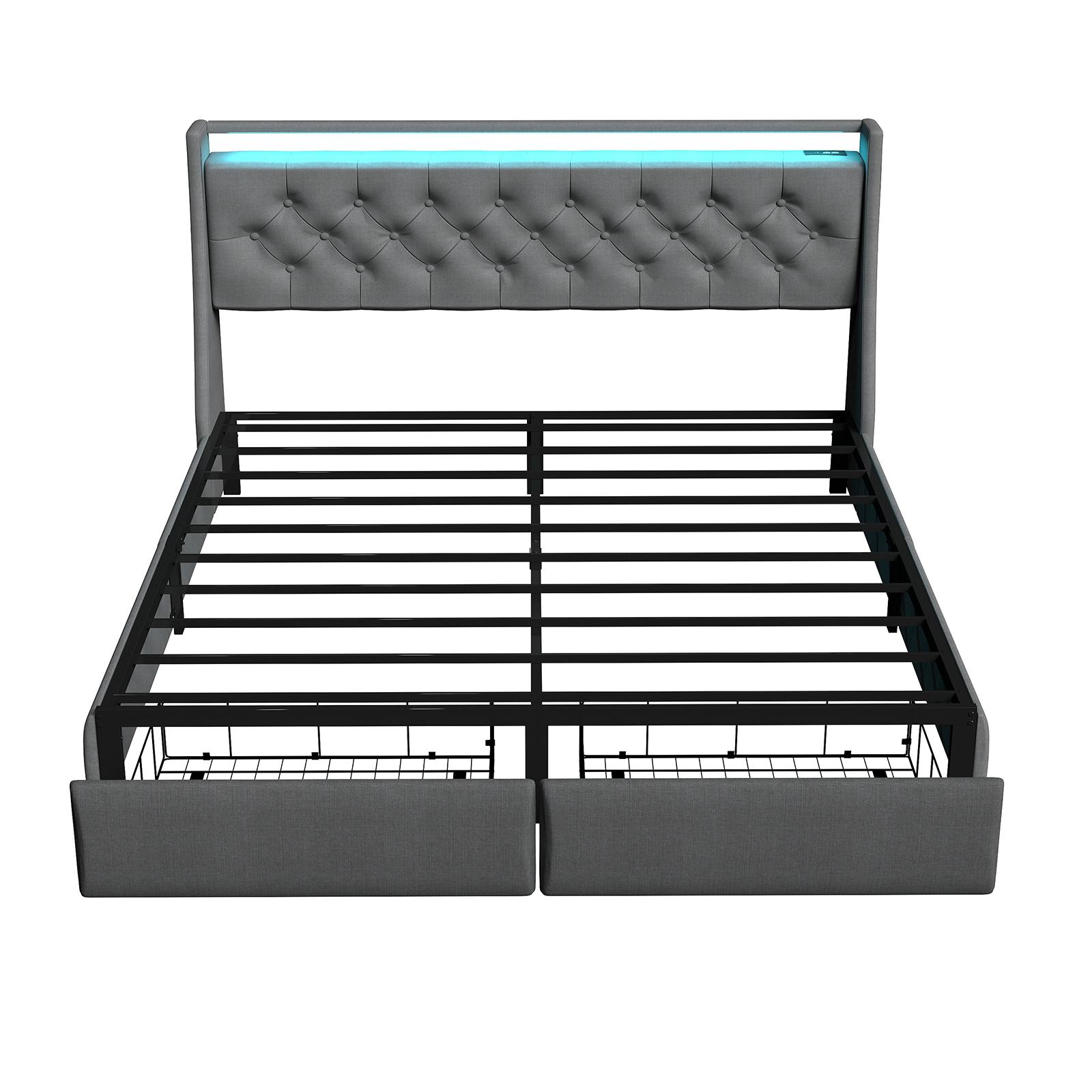 Queen Bed Frame with Storage Headboard and 2 Drawer, Metal Queen Size Bed Frame Platform with LED Light, Charging Station, No Box Spring Needed, Noise Free, Easy Assembly, Grey