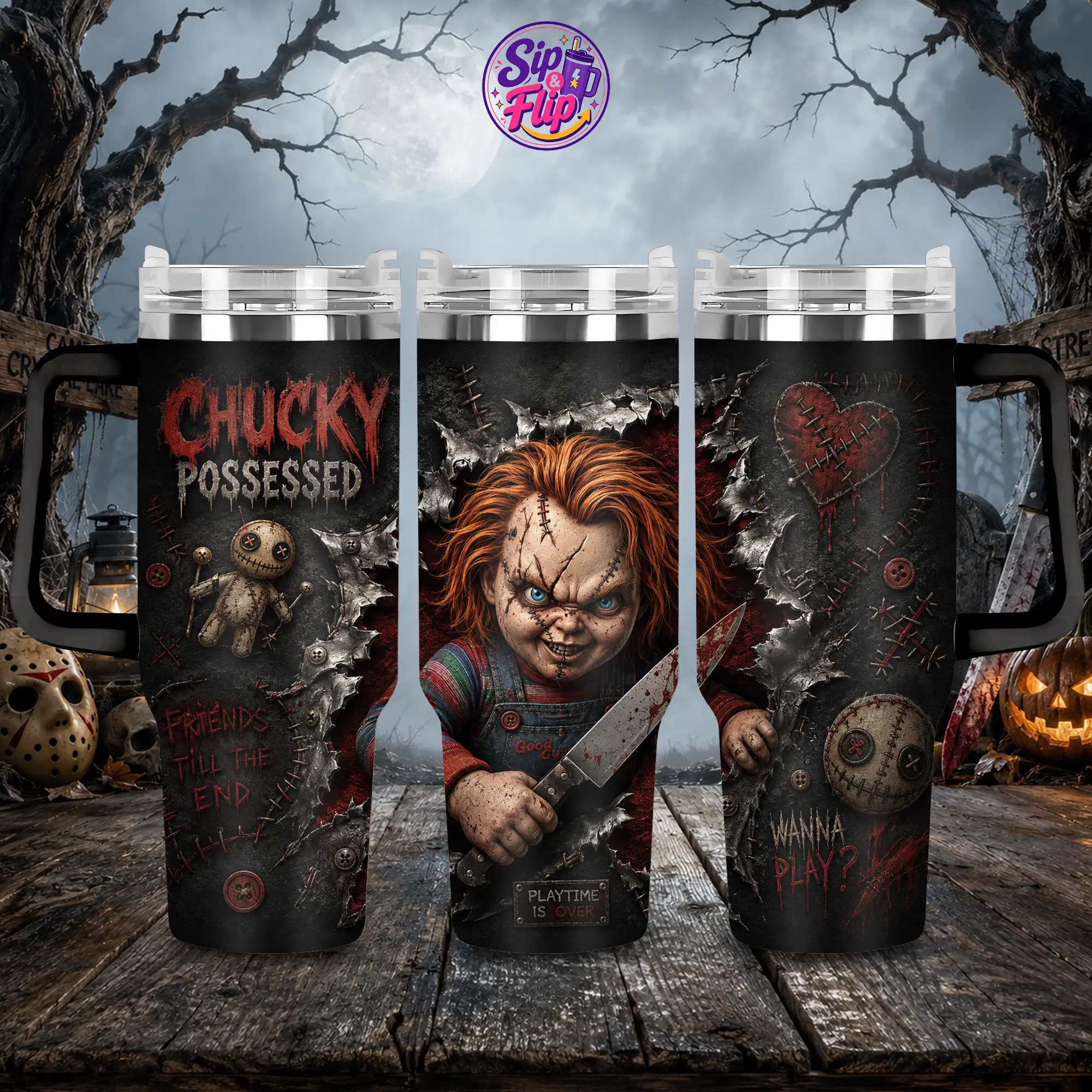 Child’s Play Chucky 40oz Tumbler with Handle and Straw, Classic Killer Doll Horror Movie Cup, Halloween Slasher Insulated Stainless Steel Travel Mug, Scary Chucky Fan Gift, Creepy Spooky Gothic Drinkware