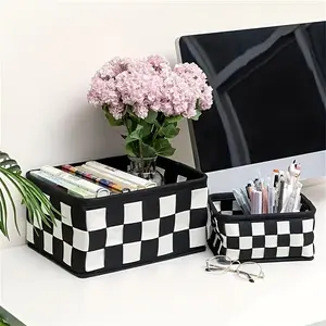 Bohemian Woven Storage Basket Black & White Checkered - Multi-Purpose Organizer for Cosmetics Toys Snacks, Open Shelf Basket for Bedroom Bathroom Desktop Home Decor