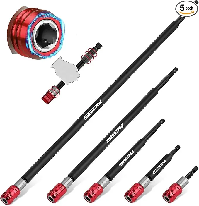 [Father's Day Gift] Magnetic Screwdriver Bit Holder Set: 5-Piece 1/4 Inch Hex Shank Quick Release Extension Adapter | Super Straight Durable CR-V Steel | Universal Fit for Impact Driver Bits | 2", 4", 6", 12", 17" Long