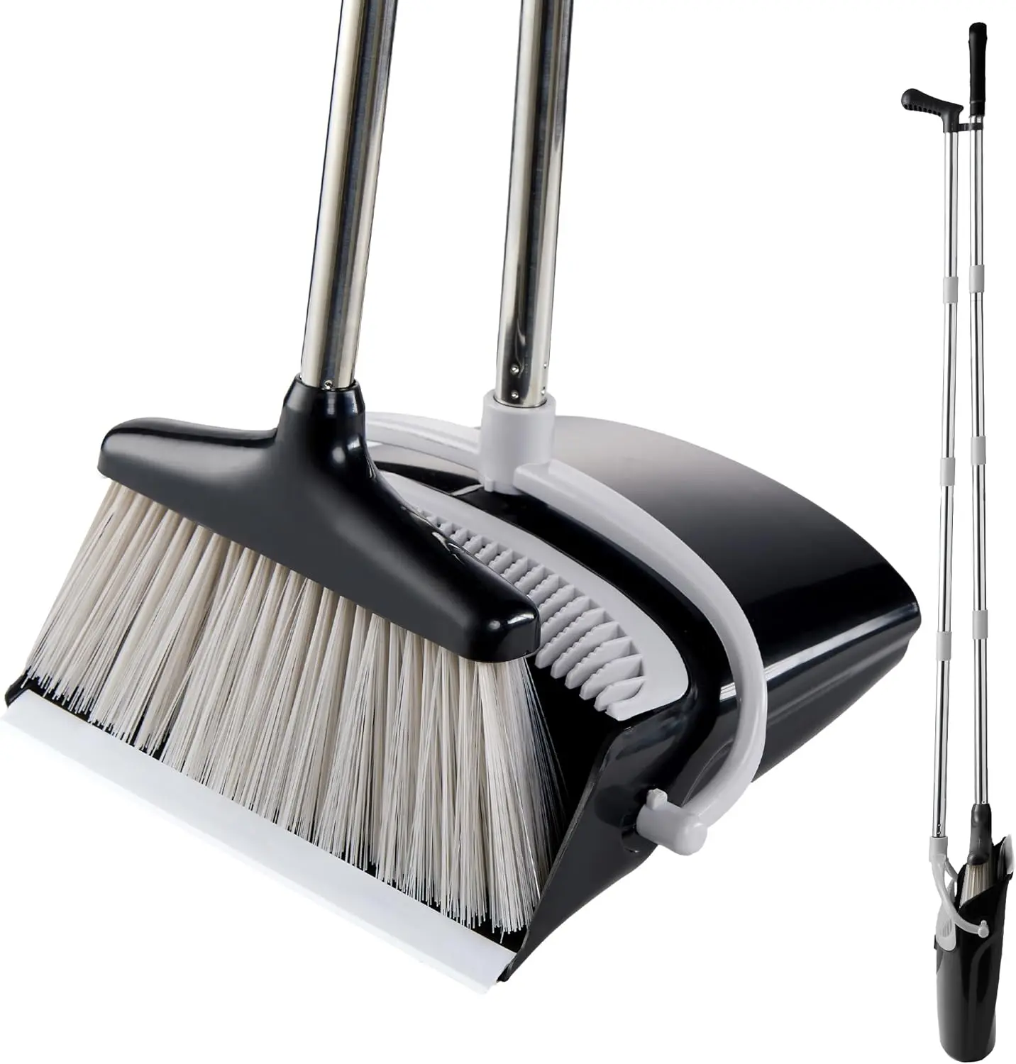Durable Plastic Broom with Dustpan Combo - Space-Saver Stand-Up Home Cleaning Tool, Windproof Pan, Ideal for Indoor Pet Hair Sweeping, Home Office Use