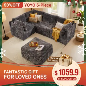 【5 Packages Shipping】Ovios 130.7" Modular Sectional Sofa Couch with Ottoman, U-Shaped Minimalist Couches with Sofa Bed Chaise, L-Shaped Modern Deep Seat Cloud Plush Corduroy Sofas with Ottoman Set for Living Room, 5 Seater