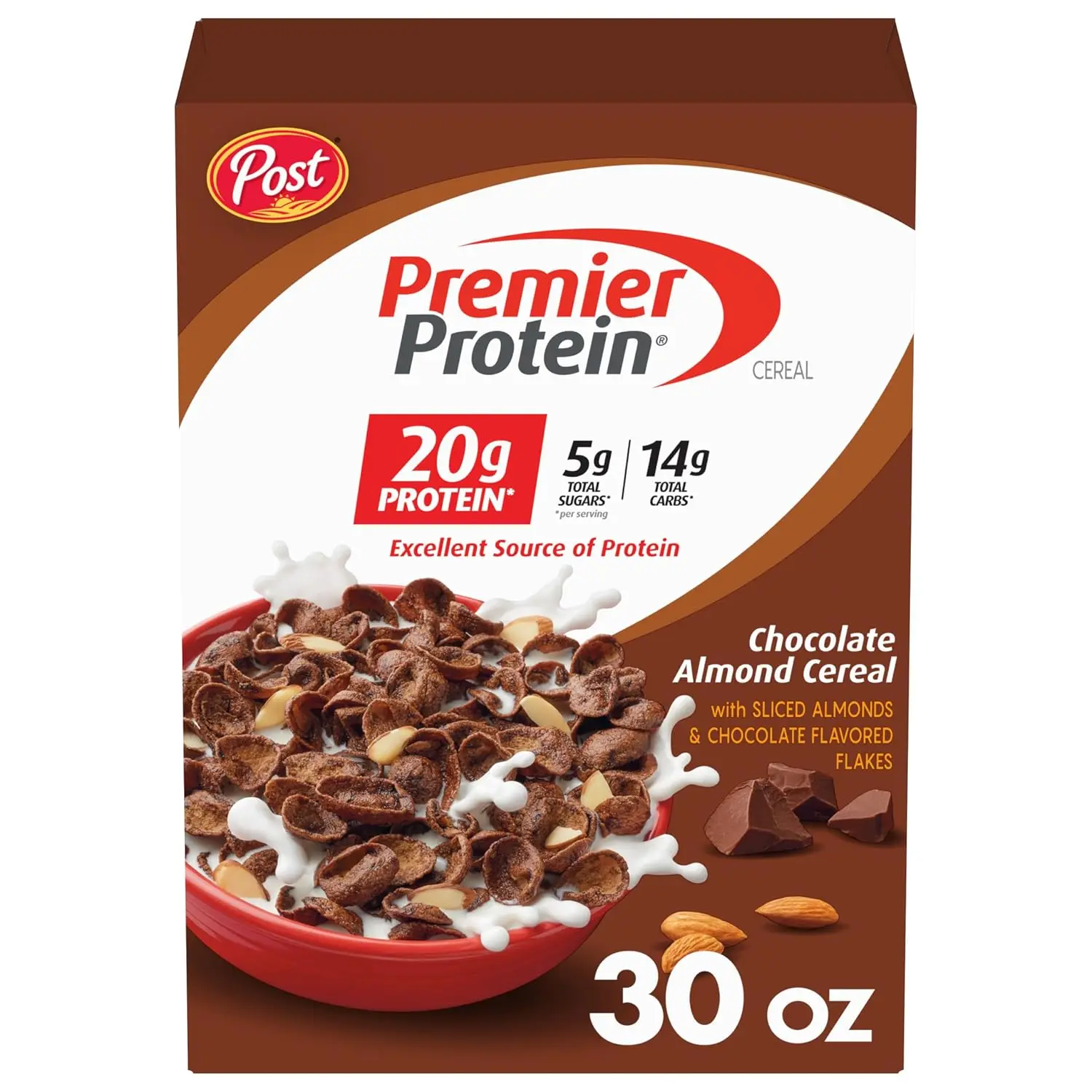 Chocolate Almond Cereal with Sliced Almonds, 30 oz Box | Contains 20g of Protein Per Serving