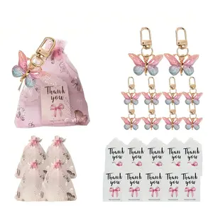 36pcs/12set, Butterfly Keychain Gift Set, 12pcs Acrylic Purple Keychains, 12pcs Brown Cards and 12pcs Organza Drawstring Bags