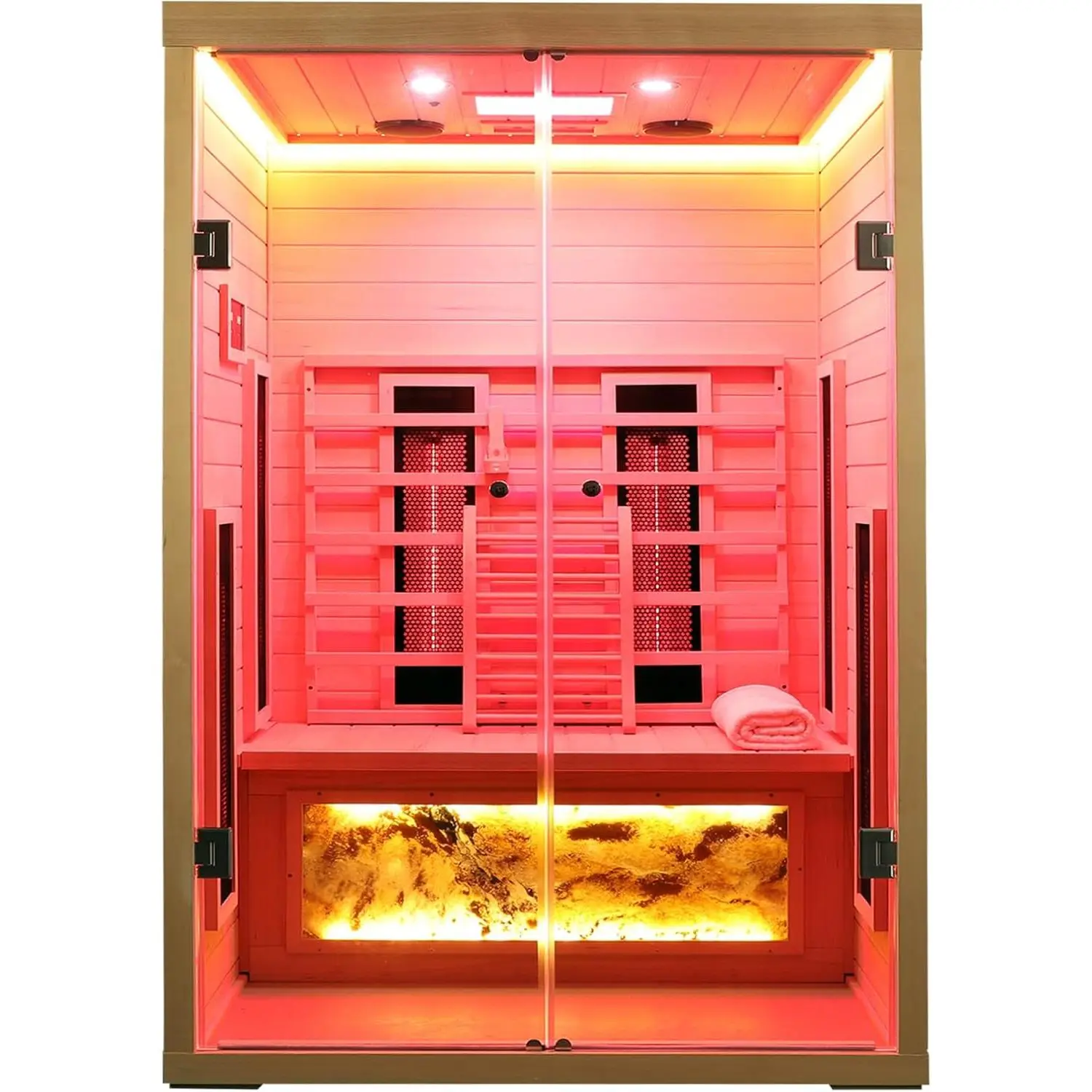 Ceramic Infrared Sauna 2 Person Infrared Sauna w/Red Light Therapy | Far & Near Infrared Sauna Indoor, Low EMF Infrared Sauna for Home Spa, Deluxe Glass Home Sauna with Granite Backdrop