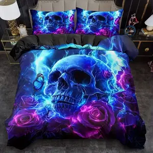 3-Piece Dark Skull Print Decorative Duvet Cover Set, Soft Breathable Polyester Fabric, All-Season Use, Bedroom Bedding Decor
