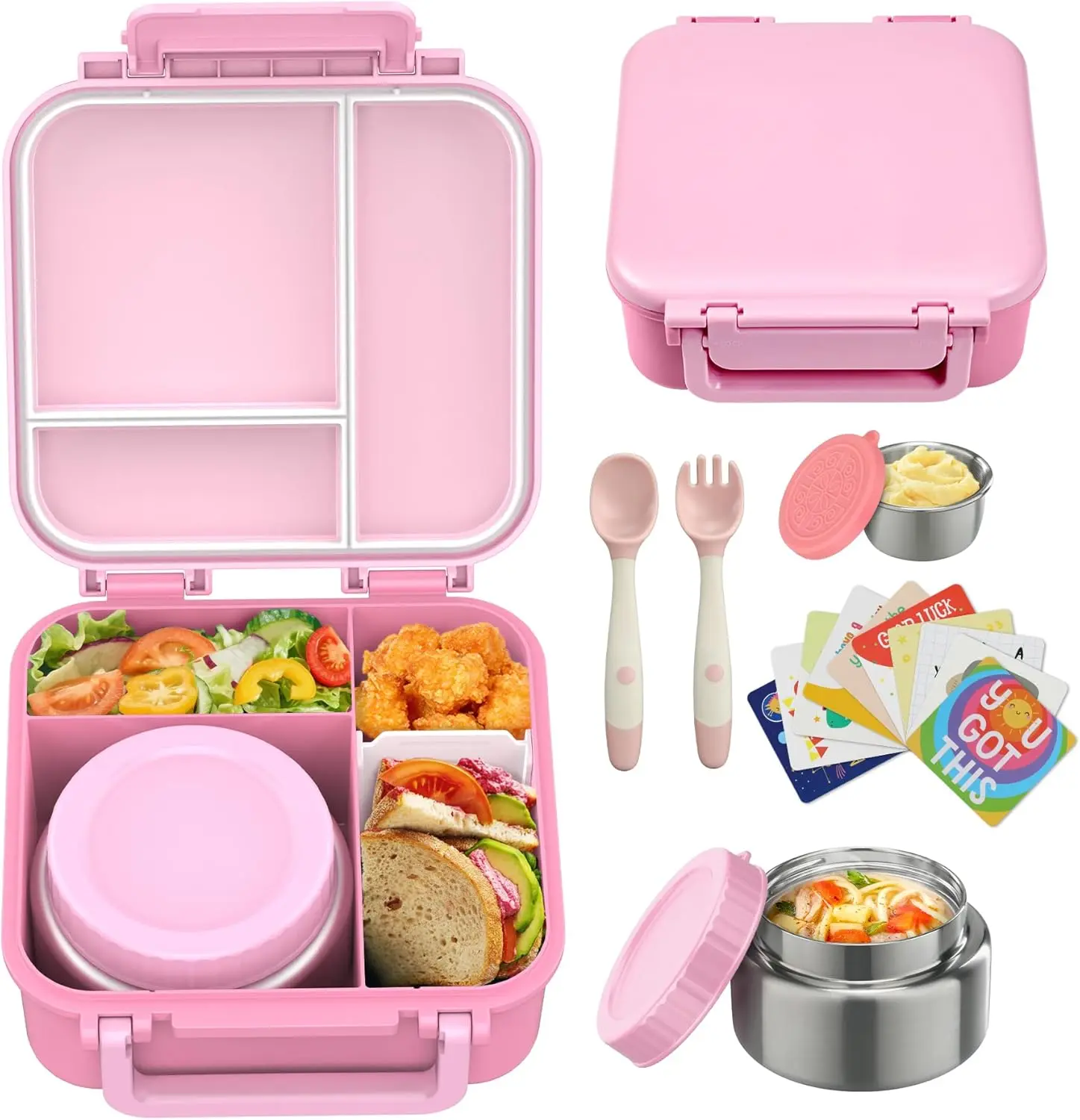 [Summervibes] Kids Bento Lunch Box with 9oz Soup Thermo Leakproof Lunch Food  4 Compartment with Insulated Hot Food Jar for Kid Toddler Girls Boys to School Trvael microwavable portable dinner bag preschool