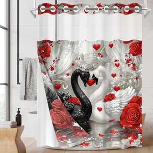 1PC/4PCS 2D Flat Printing Black and White Swans, Roses, and Hearts Patterned Printed shower curtain, home bathroom decor, shower curtain set with 12 hooks, non-slip bathroom rug, U-shaped toilet seat cover, toilet seat mat.