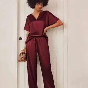 Satin Pajama Set Womens Silk Short Sleeve V Neck Shirt with Long Pant Soft Loungewear Pjs Set