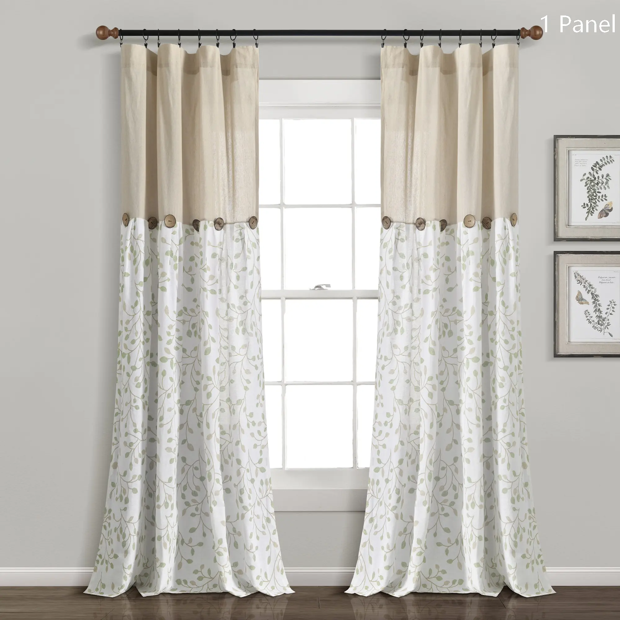 Lush Decor Faux Linen Button Botanical Garden Window Curtain (Single Panel) - Sold Individually - 40"W x 84"L with Floral Print & Button Detail for Farmhouse Style - Interior Decoration Accessories