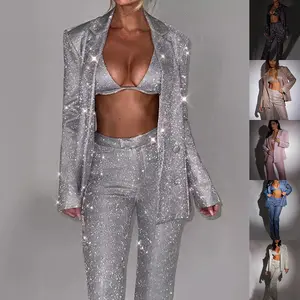 Women's 3-Piece Shiny Sequins Suit - Long Sleeve Polyester Fabric Lapel Blazer with Bra, Straight-Leg Trousers - Stylish Party Jacket Set