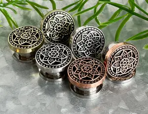 PAIR of Stunning Gold, Silver or Bronze Tribal Lotus Flower Steel Screw Fit Flesh Tunnels/Plugs -Gauges 2g (6mm) thru 5/8" (16mm)