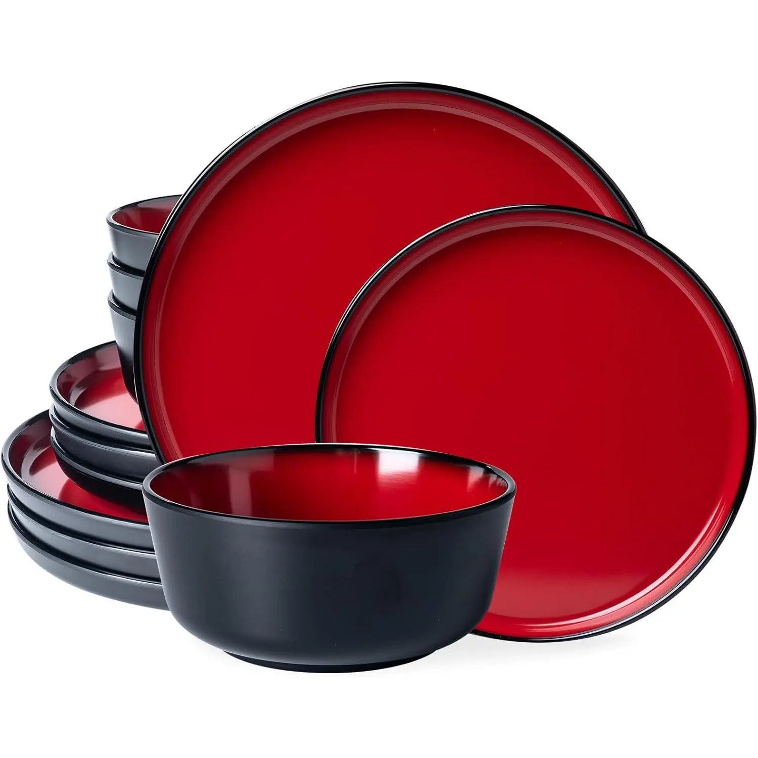 Melamine 12- Modern Dinnerware Set, Kitchen Plates and Bowls Sets, Luxury 2 tone Red and Black Ceramic look Dish Set for 4.Christmas Luxury dinnerware dishes set.