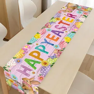 1Pcs Easter pink tablecloth table runner, adorned with cute rabbits adorned with turmeric flowers and Easter eggs, spring new table flag, spring home decoration tablecloth, durable polyester material, suitable for dining rooms, living rooms, kitchens