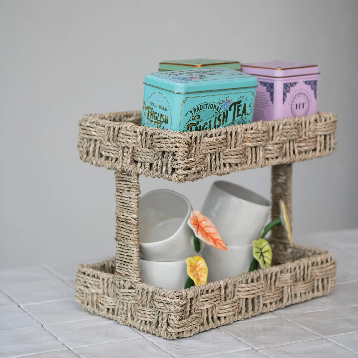 Decorative Hand-Woven Seagrass 2-Tier Etagere