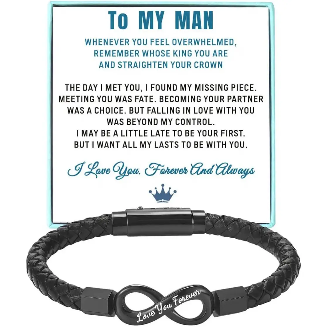 To My Man Straighten Your Crown Bracelet for Husband Boyfriend Mens Braided Leather Bracelets Valentine Birthday Christmas Gifts for Him
