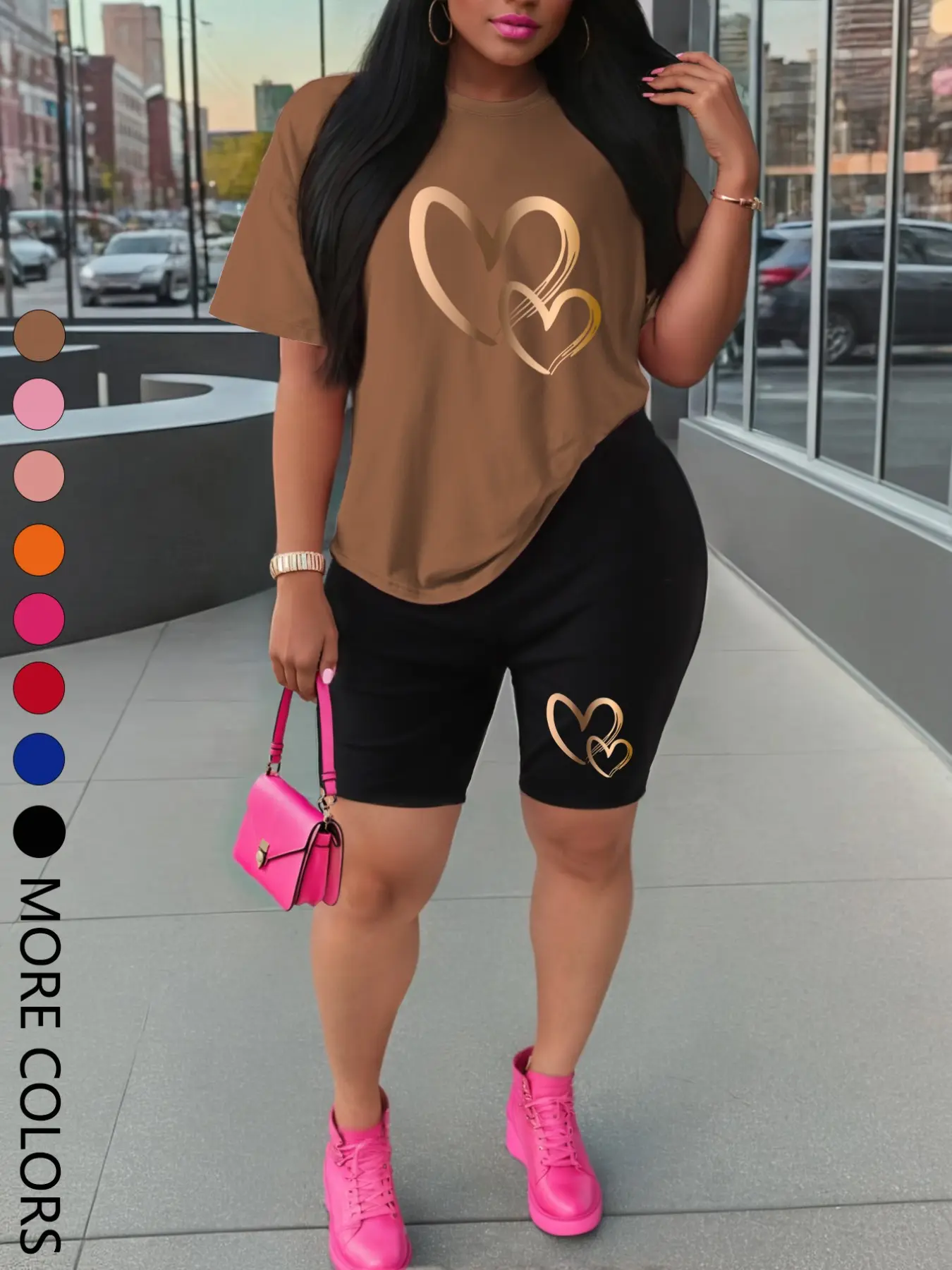 New Summer Women's Short Sleeve Top & Shorts Set, Sporty Heart Print, Comfortable Casual Two-Piece Outdoor Sports Wear, Activewear Fitness Outfit, Fitness Outfits, Exercise Clothing Set