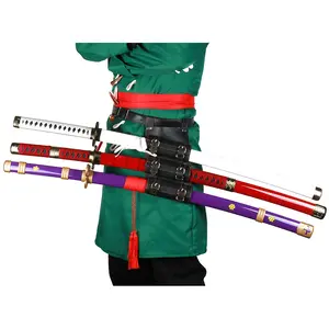 41 inches Anime Bamboo Wooden Roronoa Zoro Sword Cosplay Set, Yama Enma Wado Ichimonji Sandai Kitetsu with Belt & Holder Stand Display for Halloween Role Playing Collection Cosplay
