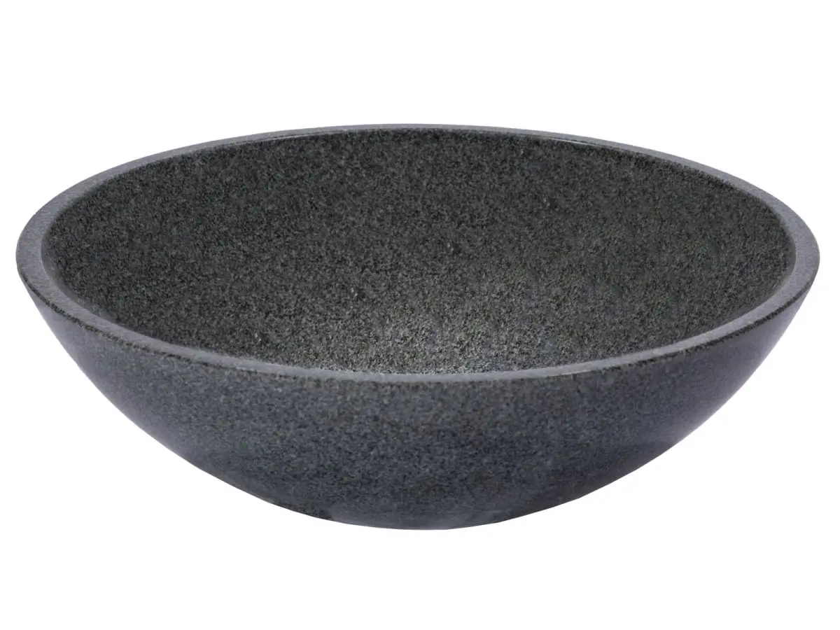 360 Stand EB-S059SG-P Modern Round Shape Stone Bathroom Vessel Sink, 16.5x5.9 in. Polished Sesame Granite Gray Bowl, Above Counter for Interior Use