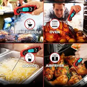 Meat Thermometer Digital for Grilling and Cooking - Waterproof Ultra-Fast Instant Read Food thermometers with Backlight & Calibration for Kitchen, Deep Fry, BBQ, Grill(Red/Black), LCD
