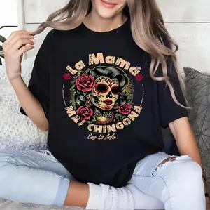 La Mamá Más Chingona T-Shirt - Women's Bold Latina Mom Graphic Tee, Vintage Skull Round Neck, Comfortable Fit Casual Empowering Womenswear Top