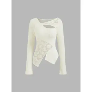 Cider Asymmetrical Neck Lace Patched Cut Out Top