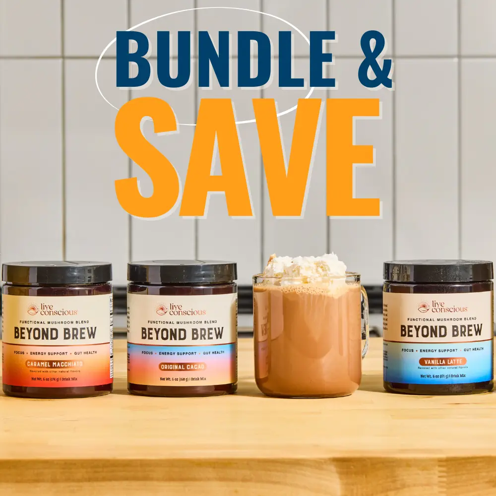 Live Conscious Beyond Brew Ultimate Trio - Functional Mushroom Blend - Original Cacao, Caramel Macchiato & Vanilla Latte