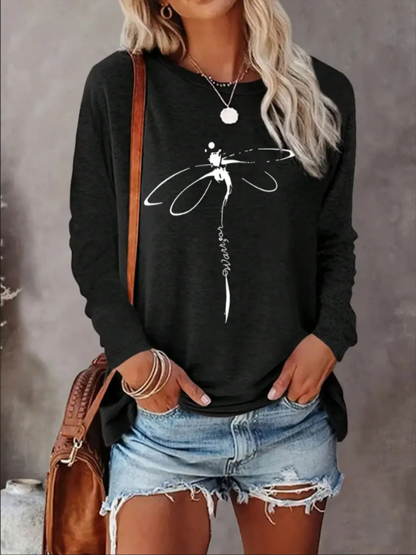 Women's Fashion Dragonfly Print Round Neck T-Shirt, Casual Everyday Long Sleeve Top, Soft Fabric, Spring & Fall Wear