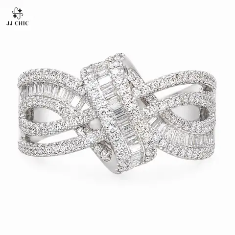JJ CHIC Openwork Ribbon Ring for Women, Baguette & Round Stone Multi-Row Design, Silver-Tone Fashion Jewelry, Gift for Her