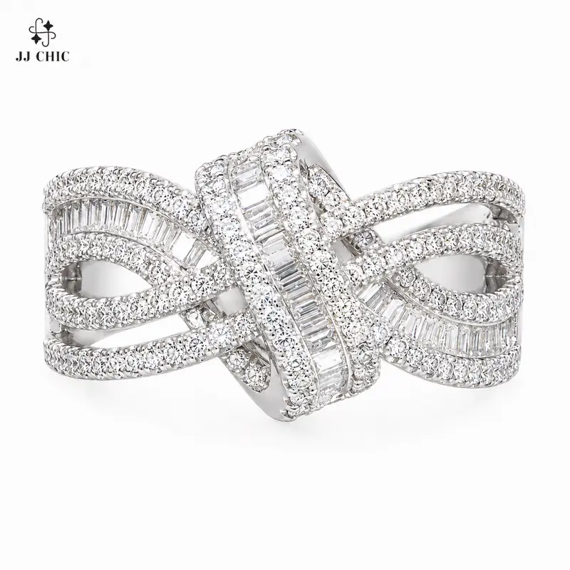 JJ CHIC Openwork Ribbon Ring for Women, Baguette & Round Stone Multi-Row Design, Silver-Tone Fashion Jewelry, Gift for Her