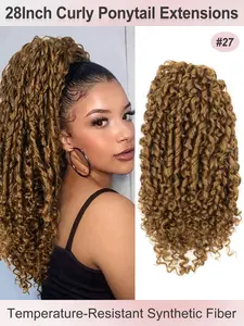 28inch Long Synthetic Ponytail Curly Wave Drawstring Ponytail Afro Curly Fluffy HairPieces Extension Heat Resistant Clip in Ponytail Wigs For Women Girl Daily Use Curly Wave Extensions