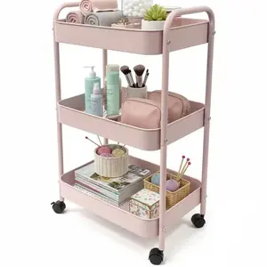 3-Tier Rolling Storage Cart, Pink Metal Utility Cart with Lockable Wheels, Sturdy Mobile Organizer Trolley, Multi-Purpose Slim Storage Shelf for Bathroom Kitchen Makeup Vanity Nursery Baby Supplies Home Bedroom