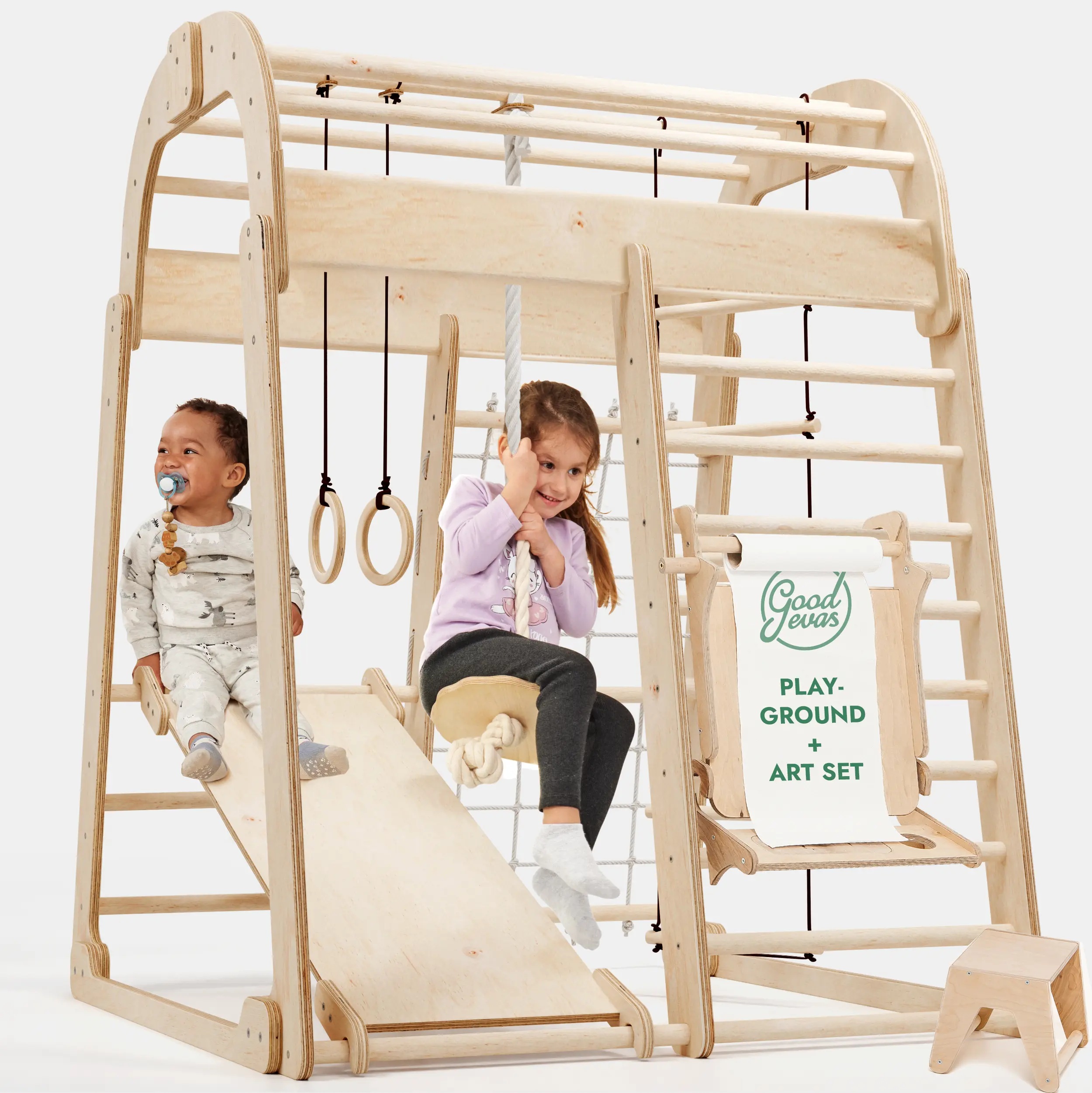 Montessori Wooden Indoor Playground - All-in-1 Climbing Frame with Slide, Swing, Art Set for Kids Ages 3-8