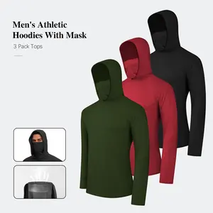 3 Pack Mens Sun Protection Fishing Hoodie with Face Mask UPF 50+ Long Sleeve Compression Work Shirt Construction Quick Dry
