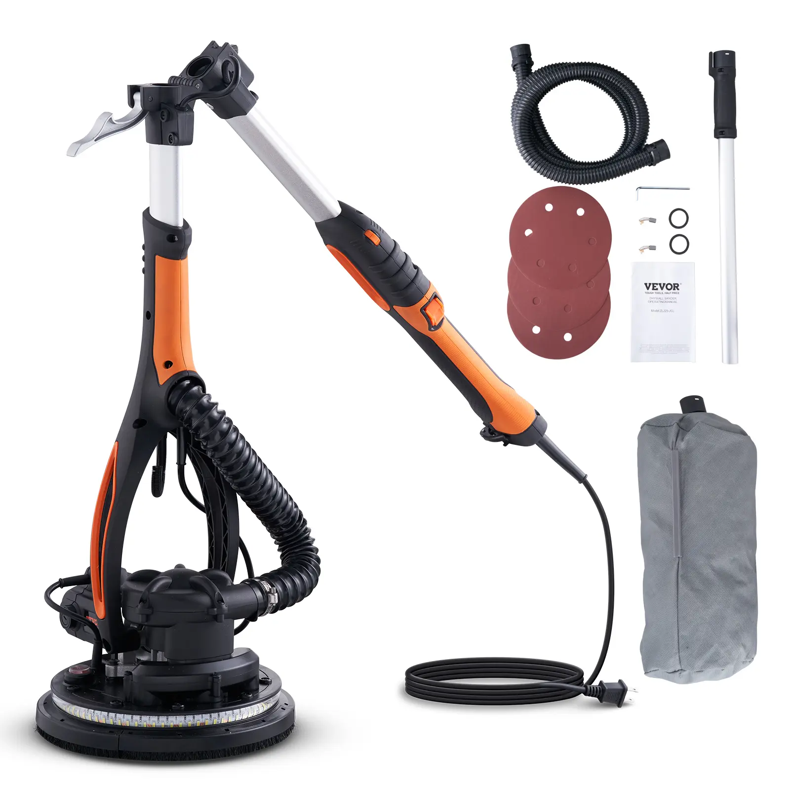 【summerfinds】VEVOR Wall Smoother Power Tool - 900W, 800-1800 RPM Adjustable Speeds, 12 Sanding Pads, 3 Vacuum Tubes, Collapsible Design, Dual LED Lights, Telescopic Handle, Dust Collector, Cleaning Brush, Storage Bag, for Ceilings, Father's Day Gift, Led,