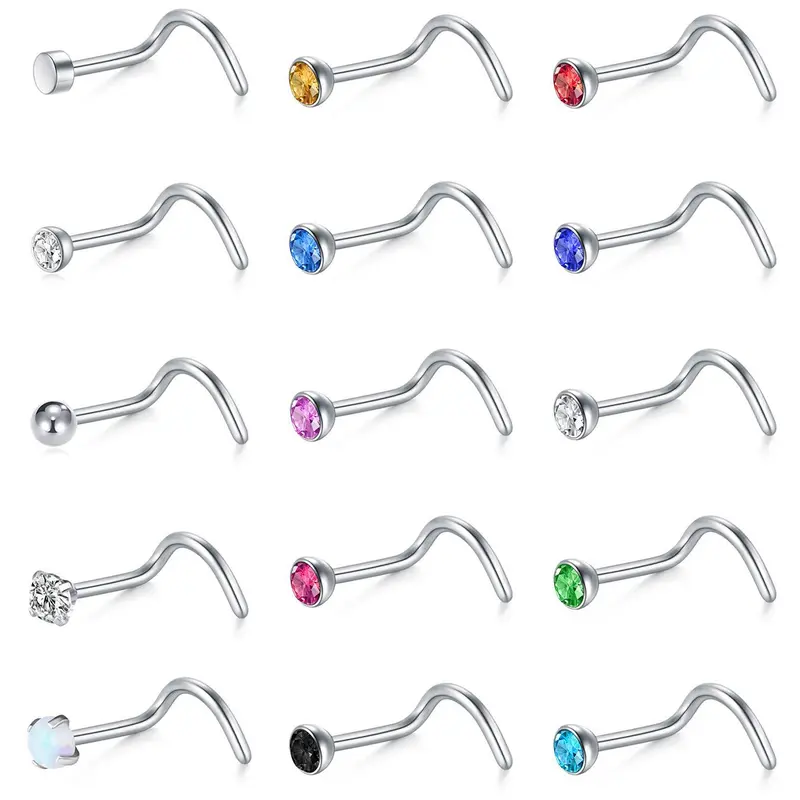 15pcs Nose Rings Set, Minimalist Casual Rhinestone Decor Spiral Gems Nose Ring, Simple Design All-match Nose Piercing Body Jewelry for Men & Women