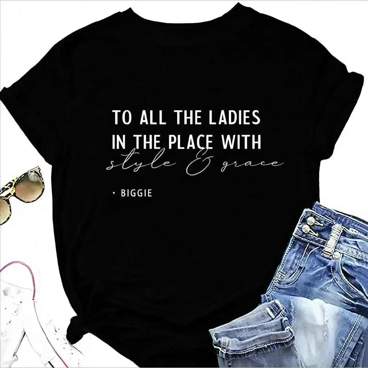Women's 100% Cotton Short-Sleeve Streetwear T-Shirt - Biggie Quote "TO ALL THE LADIES..." Retro Hip-Hop Print, Round Neck, Casual, Wide Size Range, Perfect Fit, Cold Wash, Do Not Bleach