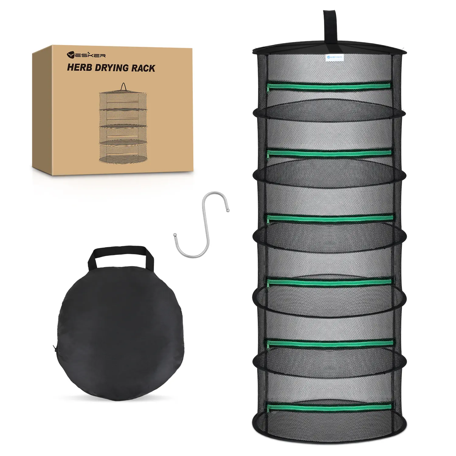 Yesker 6-Layer Waterproof Balcony Drying Rack, 24" Diameter Garden Hanging Mesh Net with Steel Ring Frame, Green Zipper & Hook, 45" Height, Fast Foldable Storage for Dries Herbs/Buds/Fruit (Grow Tent Use)