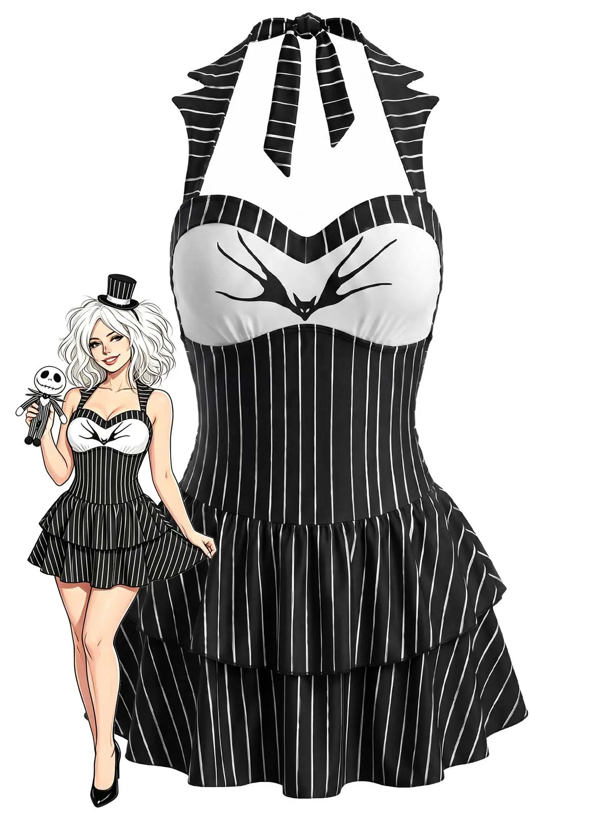 Black 1950s Gothic Bat Pinstripe Halter Swim Dress Black 1950s Gothic Bat Pinstripe Halter Swim Dress