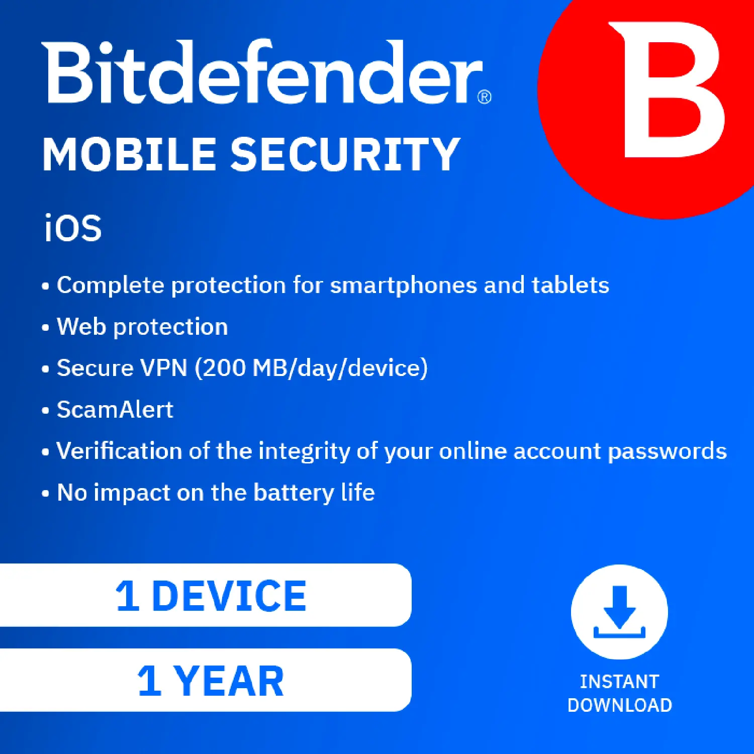 Bitdefender Mobile Security - 1 device | 1-Year Subscription | Complete protection for iOS & Android | Built-in VPN | Spam & Scam Call Blocking | Account Privacy | Activation code by email