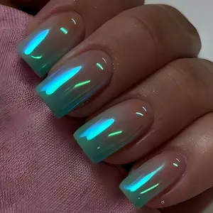 24pcs New Square Future Gradient Press-On Nails, Shiny Blue Metal Short Nail Design, Glossy Finish, Easy to Apply Long-Lasting Cyberpunk Style