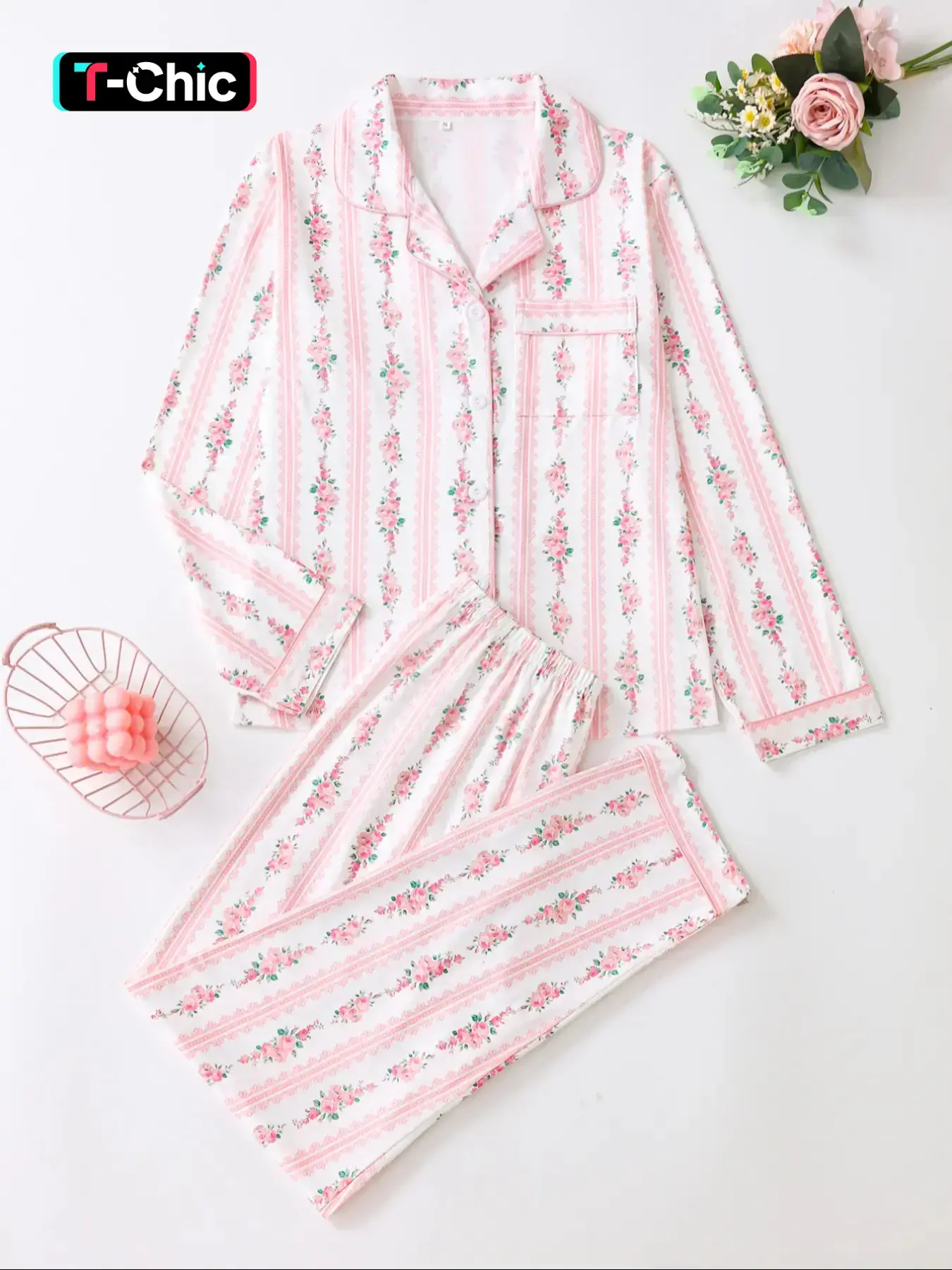Elegant Floral Pattern Long Sleeve Pajamas Set, Light Button-Up Top and Pants, Casual Fitted Sleepwear, Matching Pyjamas for Spring & Fall, Casual Pajama Sets