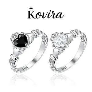 Kovira S925 Sterling Silver Vintage Heart Zircon Claddagh Matching Rings for Women Everyday Wear Bestie Gift
