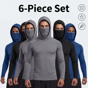 6-piece set men's outdoor work sun protection clothing with sun-blocking hoodie, featuring built-in face mask and neck guard, breathable long-sleeve hoodie