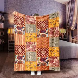 Soft Flannel Quilted Floral Totem Print Cozy Throw Blanket, Bedding, Ideal Gift for Bedroom Decor & Ethnic Home Setup